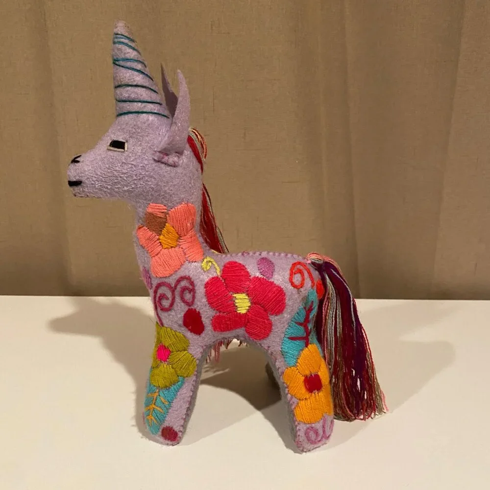 Mexican Felted Folk Art Embroidered Unicorn‎ Plush 11x7 Boho Decor Toy